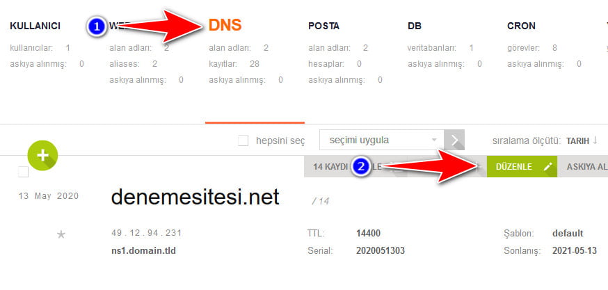 vestacp site ekleme dns